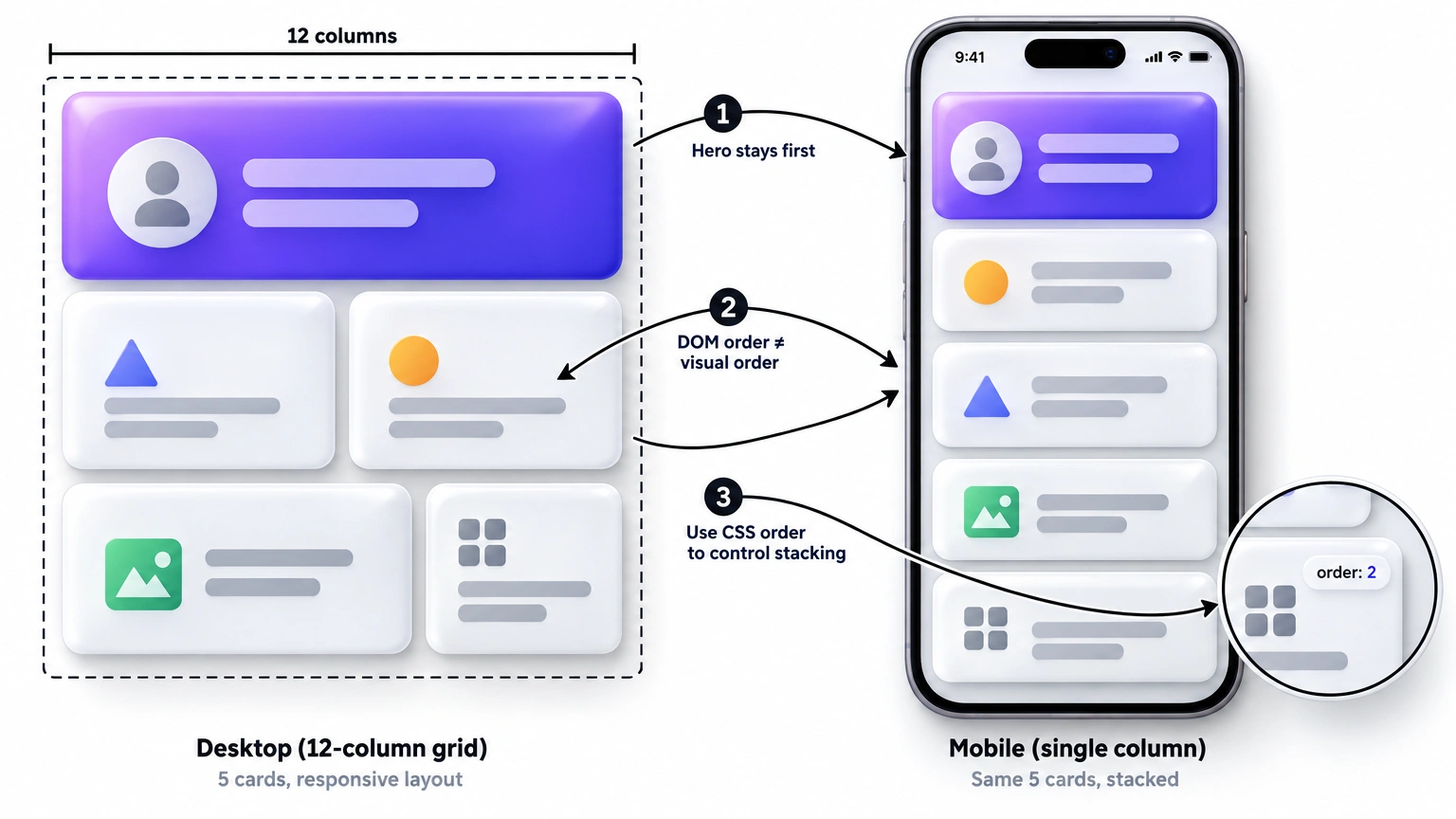 Diagram of a five-card bento grid on a 12-column desktop layout collapsing into a single-column mobile stack, with numbered arrows showing the hero card staying first, DOM order overriding visual order, and a CSS order value zoomed in on one mobile card