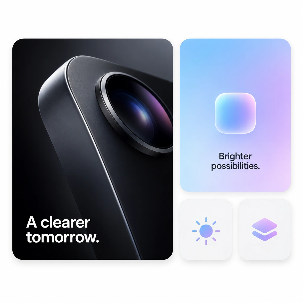 Abstract bento grid inspired by Apple's product pages, with one dominant 2x2 tile holding a single product render and small, calm supporting tiles beside it