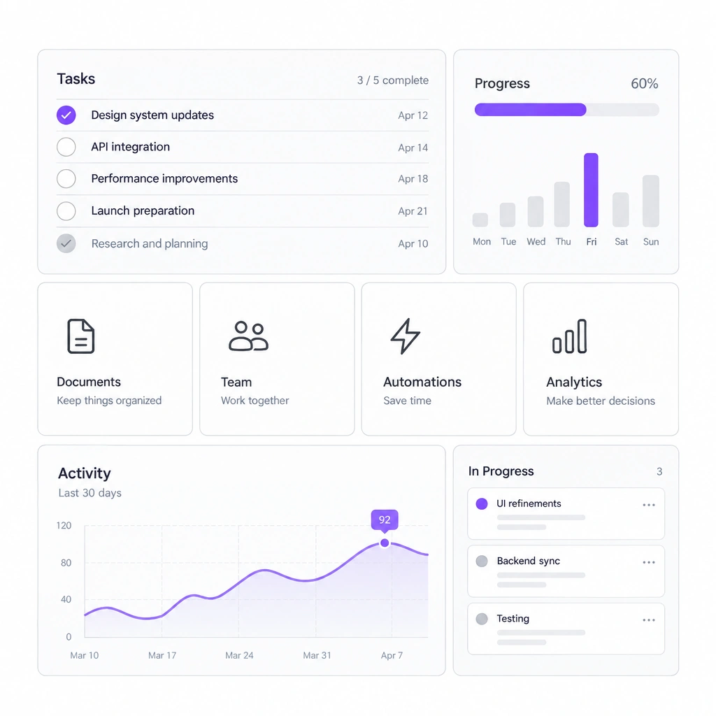 Abstract bento grid inspired by Linear's marketing page, tightly cropped light-mode UI mockups in white cards outlined with a single violet accent