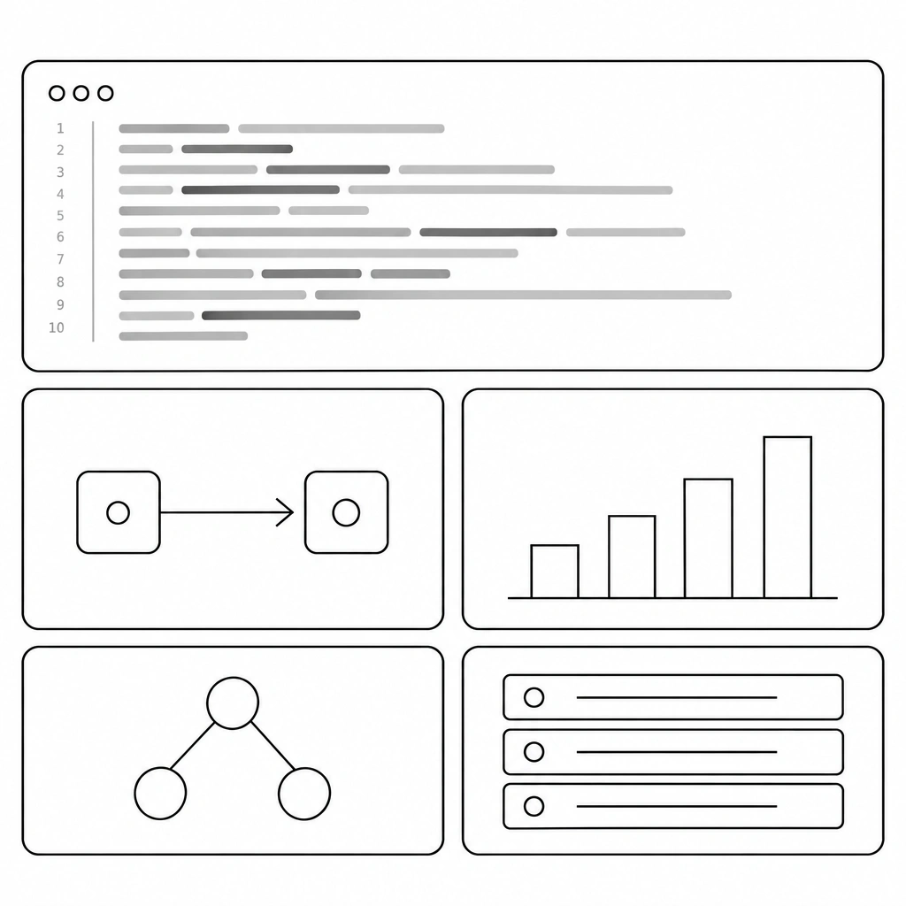 Abstract bento grid inspired by Vercel's marketing page, wide code and terminal-output tiles rendered in a strict black-line-on-white style