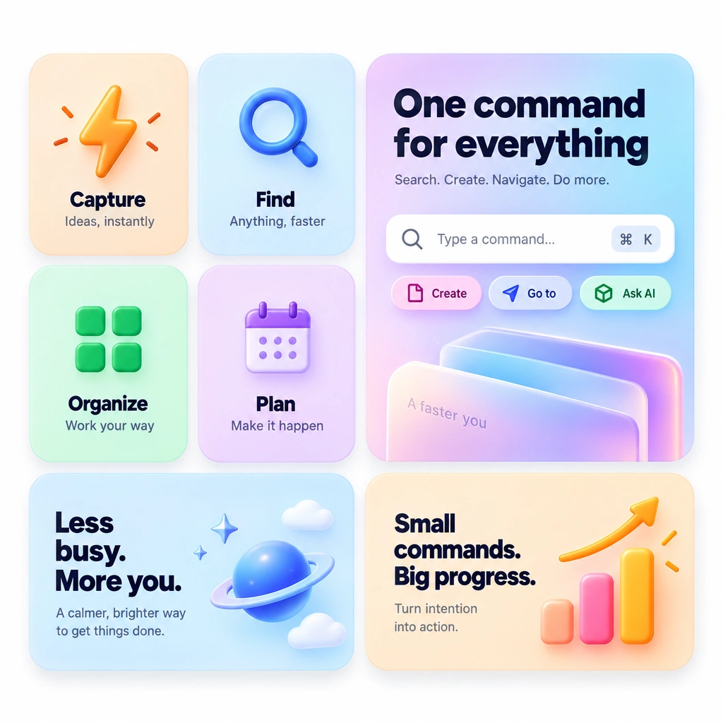 Abstract bento grid inspired by Raycast's marketing page, colorful icon-plus-label tiles reimagined in light mode with pastel-tinted cards on white