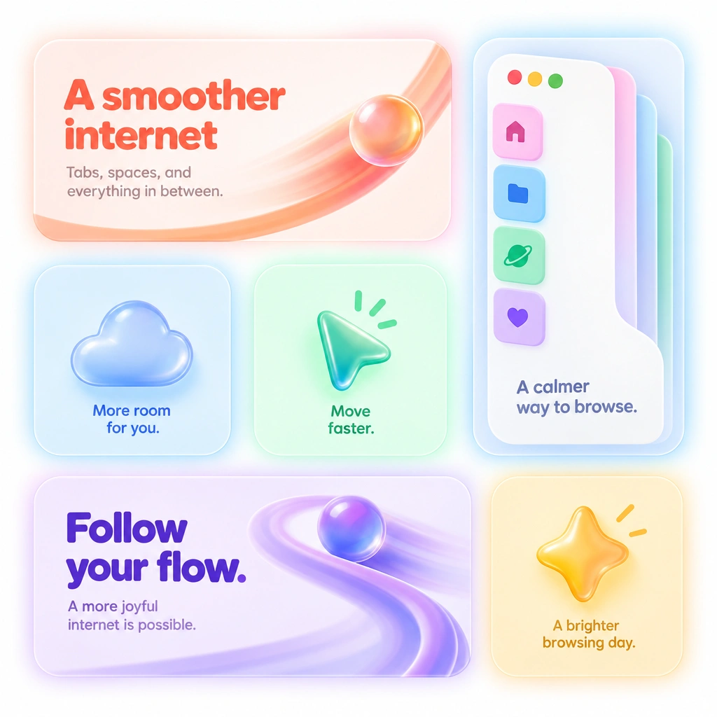Abstract bento grid inspired by Arc browser's marketing page, tall and wide tiles suggesting looping interaction previews instead of static screenshots