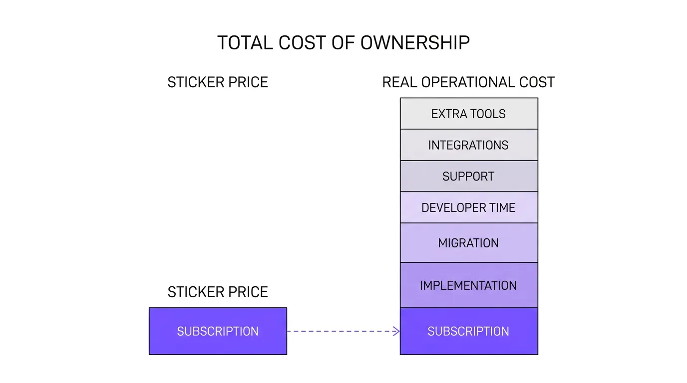 Diagram contrasting sticker price with total cost of ownership: the subscription fee is only the base layer, stacked beneath implementation, migration, developer time, support, integrations, and extra tools that make up the real operational cost