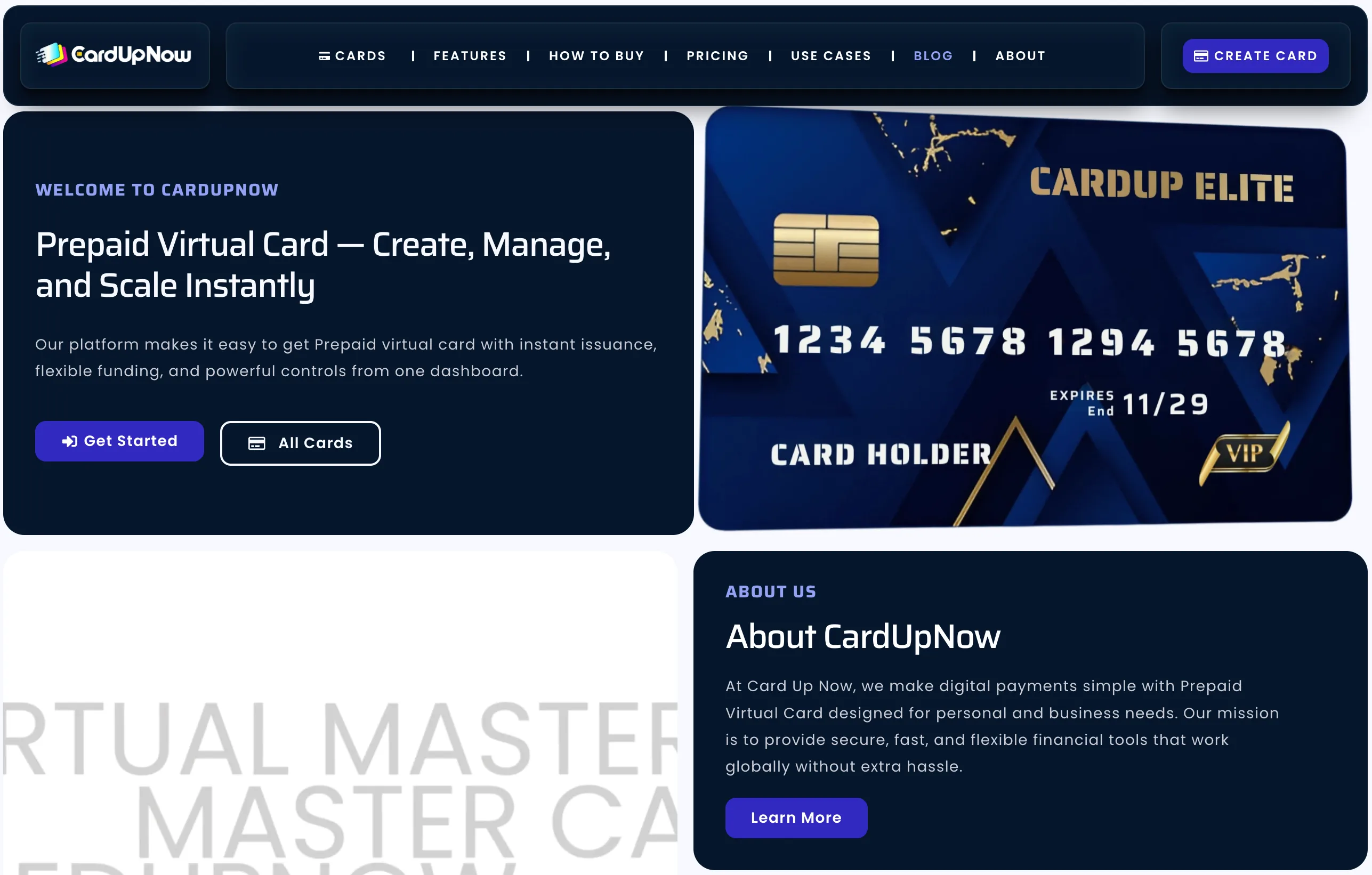 The CardUpNow landing page with the headline prepaid virtual card, create, manage, and scale instantly, a dark navy and gold CardUp Elite virtual card mockup, a get started button, and an about us panel describing prepaid virtual cards for personal and business use