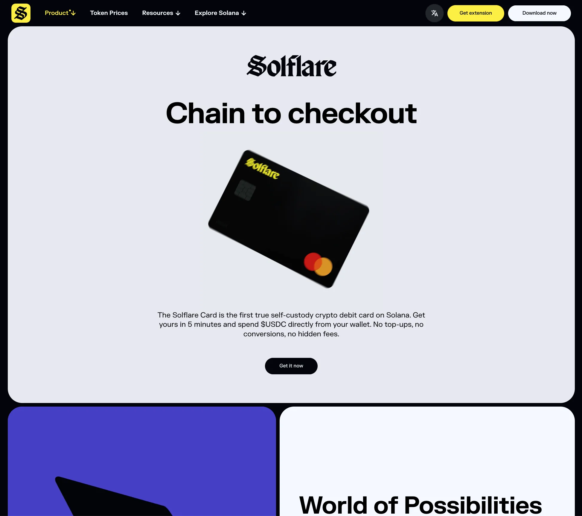 The Solflare Card page presenting a self-custody Mastercard on Solana that spends USDC directly from your own wallet, with Google Pay support shown and Apple Pay listed as coming soon