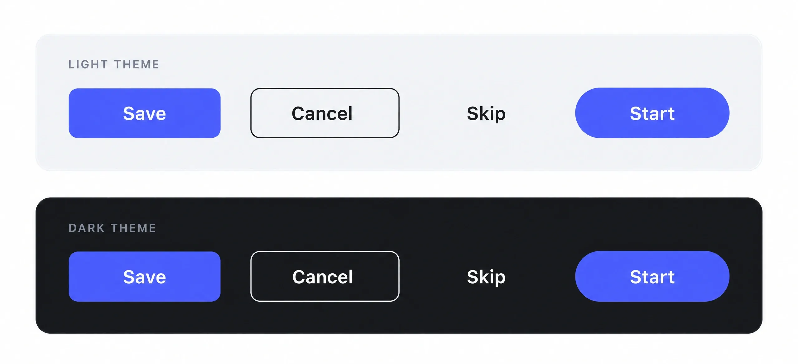 Four button styles in a row, shown in light and dark themes
