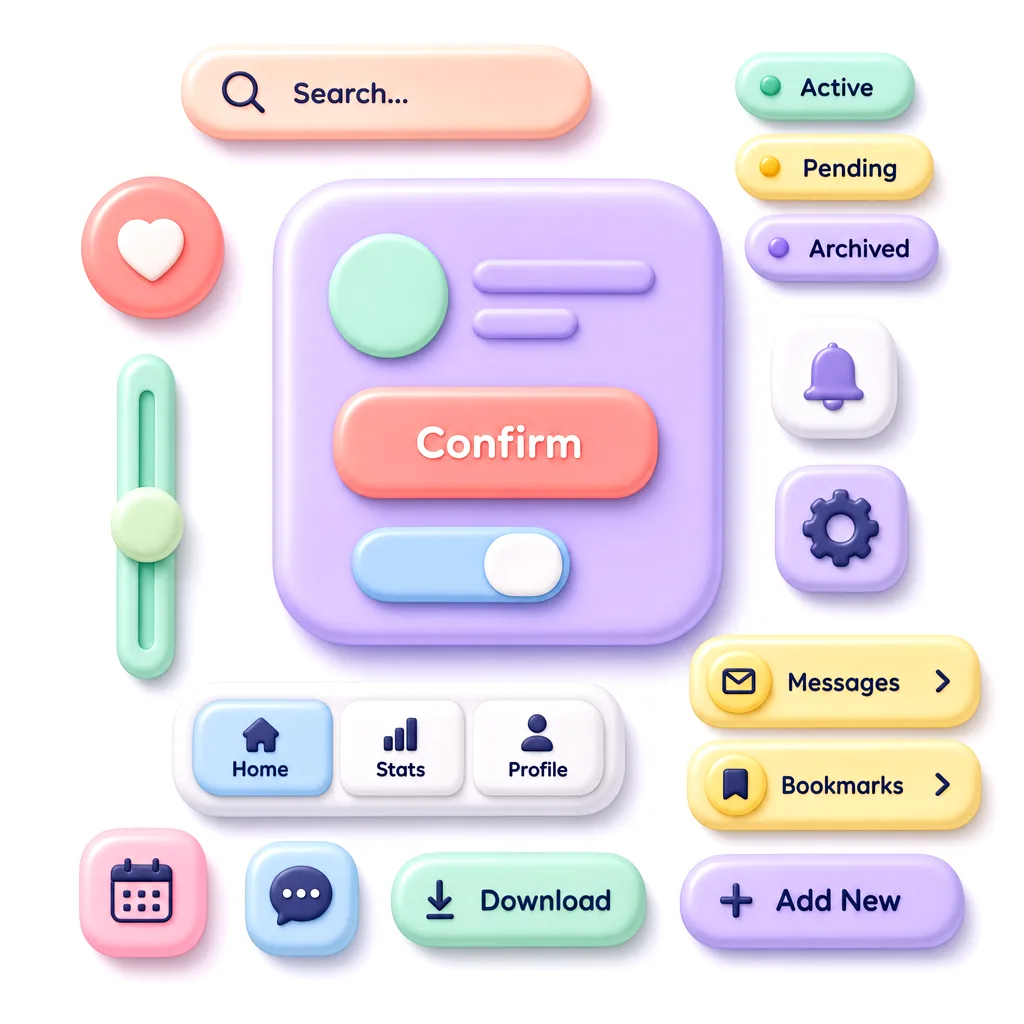A claymorphism dashboard card with puffy rounded corners and soft pastel shadows