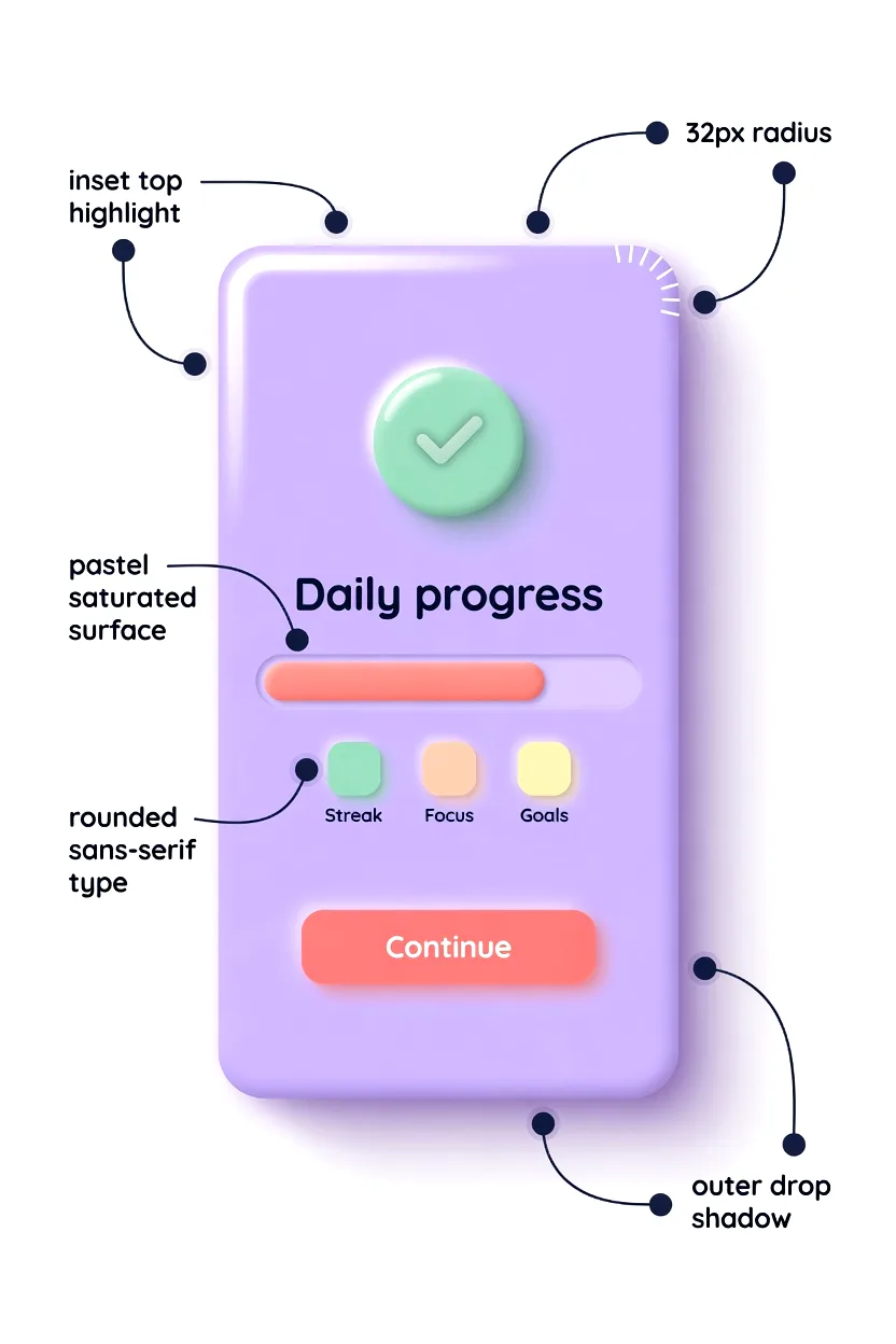A breakdown panel showing claymorphism border radius, dual shadows, and pastel swatches