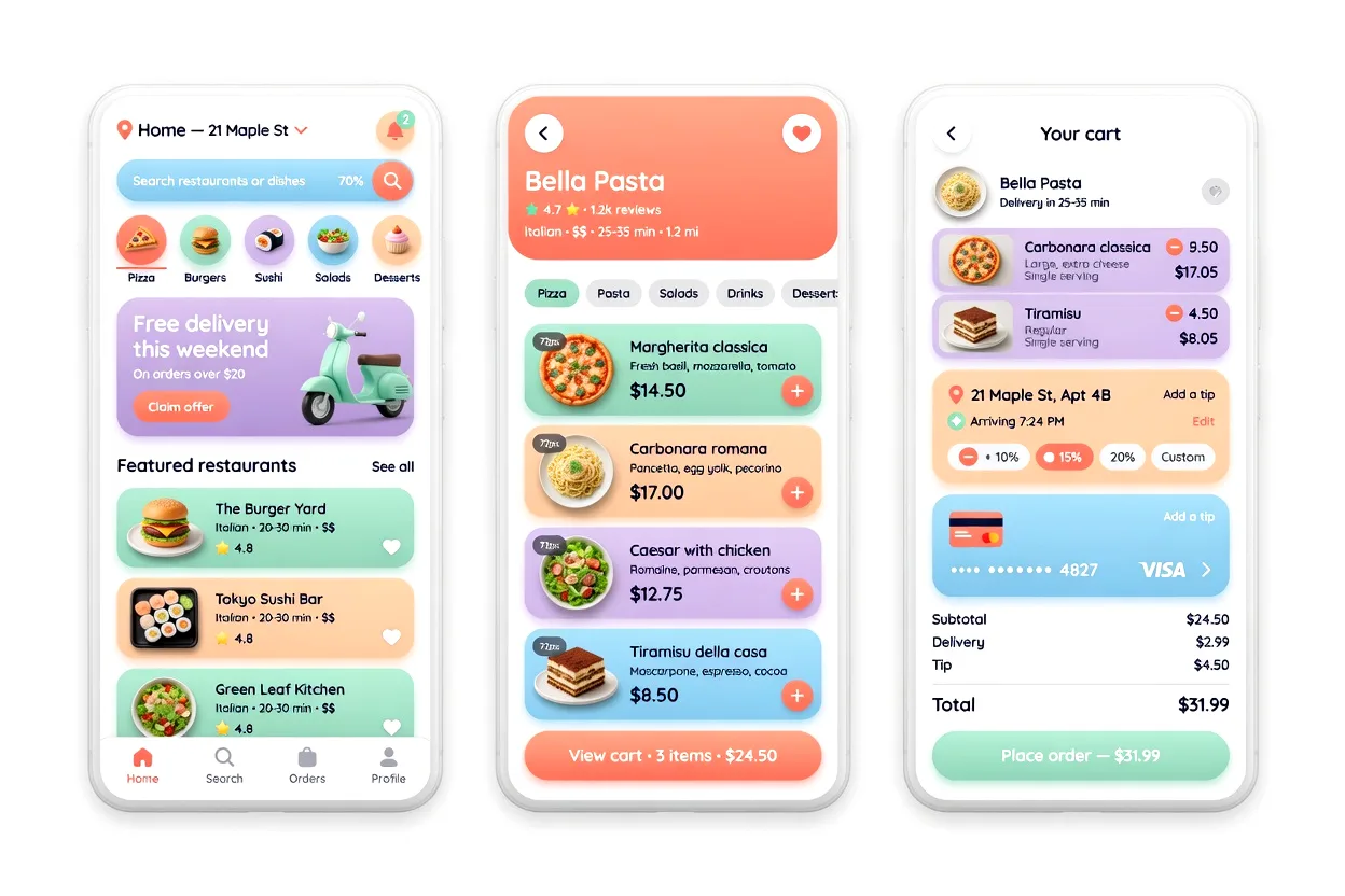 Claymorphism food delivery app on three phones with restaurant menus and a cart