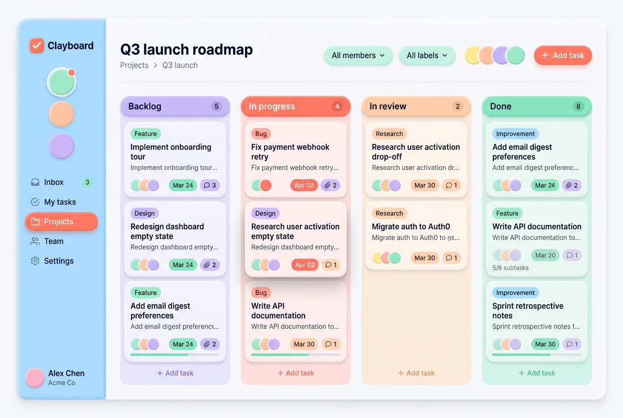 Claymorphism kanban project board with pastel task cards across four columns