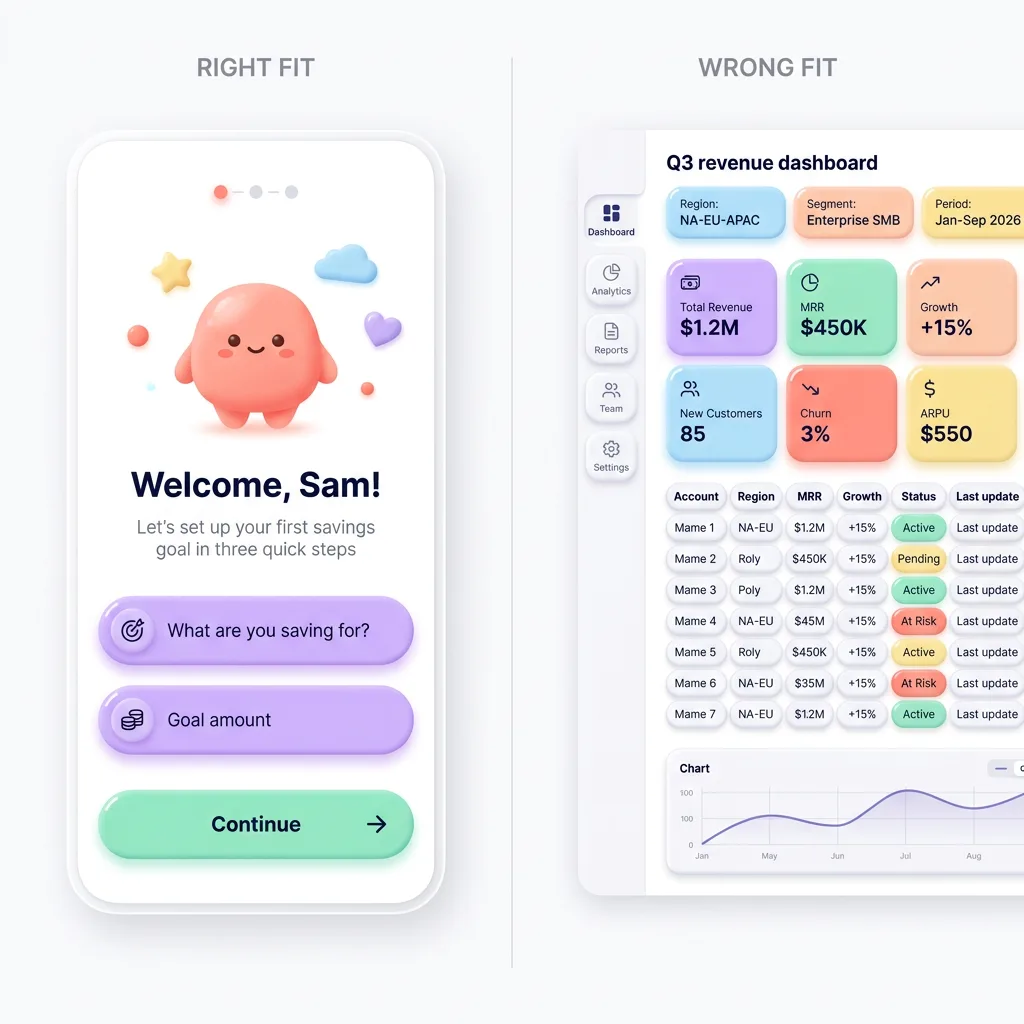 A split layout contrasting a friendly clay app screen with a dense data dashboard
