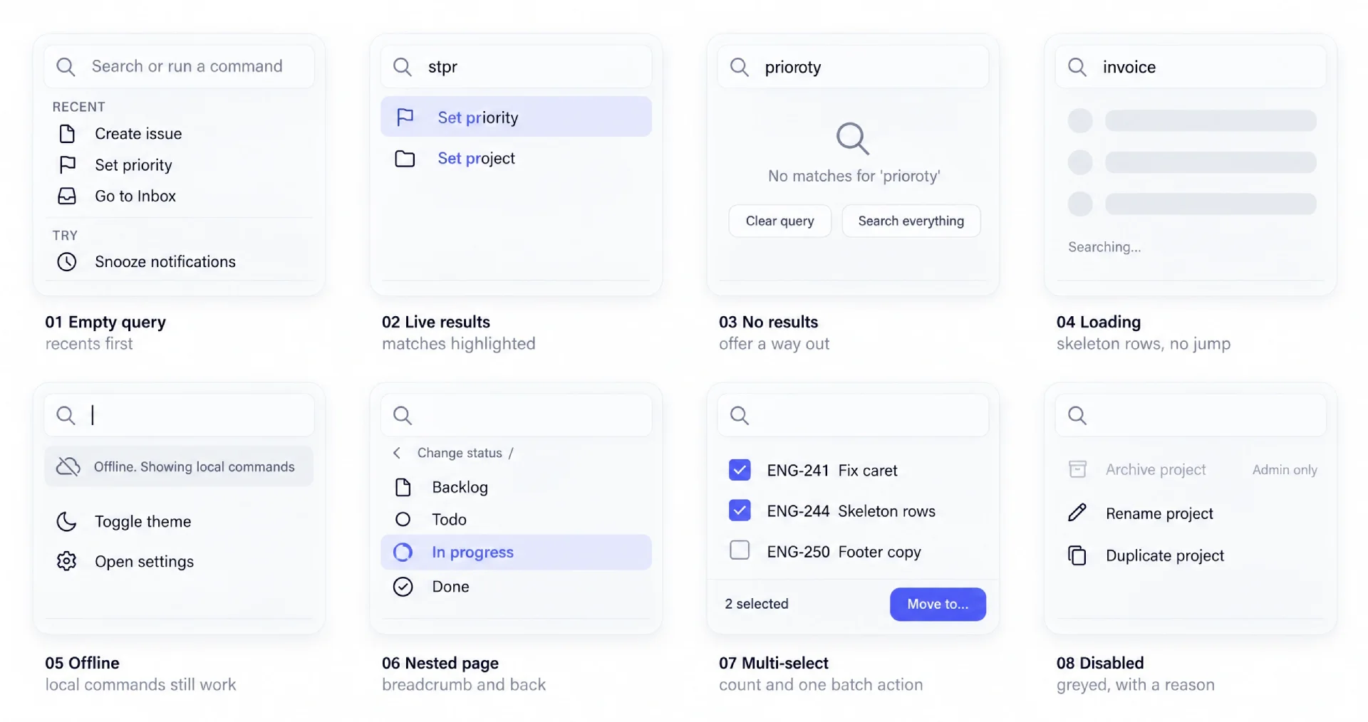 Eight command palette states in a grid: empty query, live results, no results, loading, offline, nested page, multi-select, disabled command