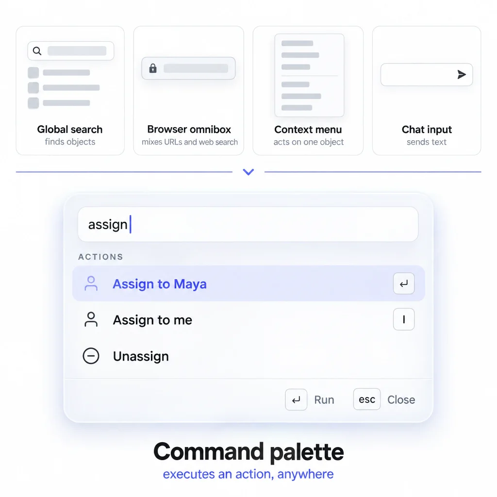 Command palette compared with global search, browser omnibox, context menu and chat input