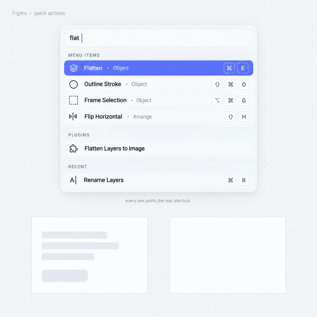 Figma quick actions printing the real shortcut beside every command
