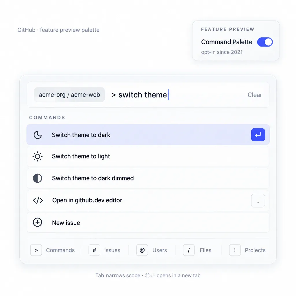 GitHub feature preview palette with mode prefixes and a repository scope