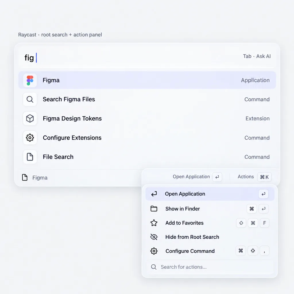 Raycast root search with the action panel open and shortcut hints on each row