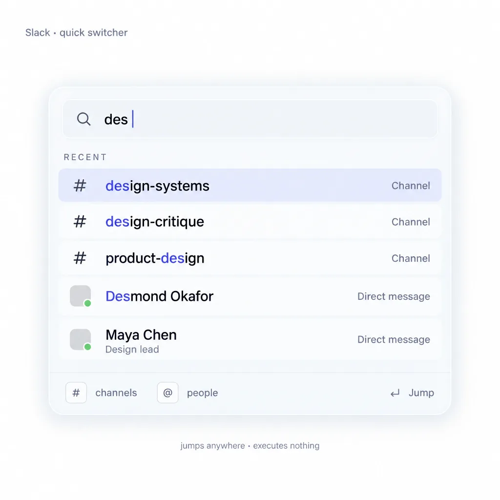 Slack quick switcher filtering channels and people with a per-type prefix