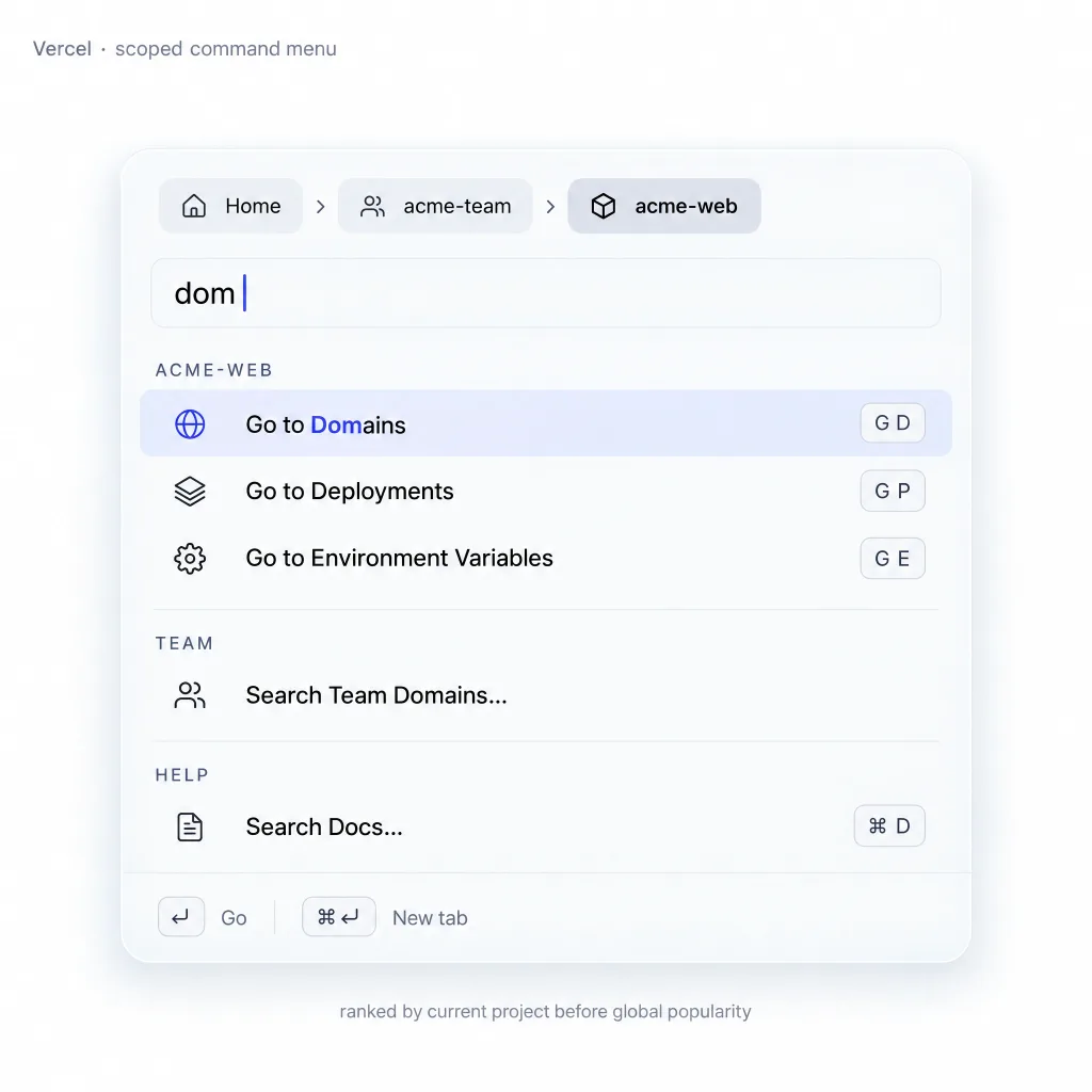 Vercel scoped command menu ranked by current project before global popularity