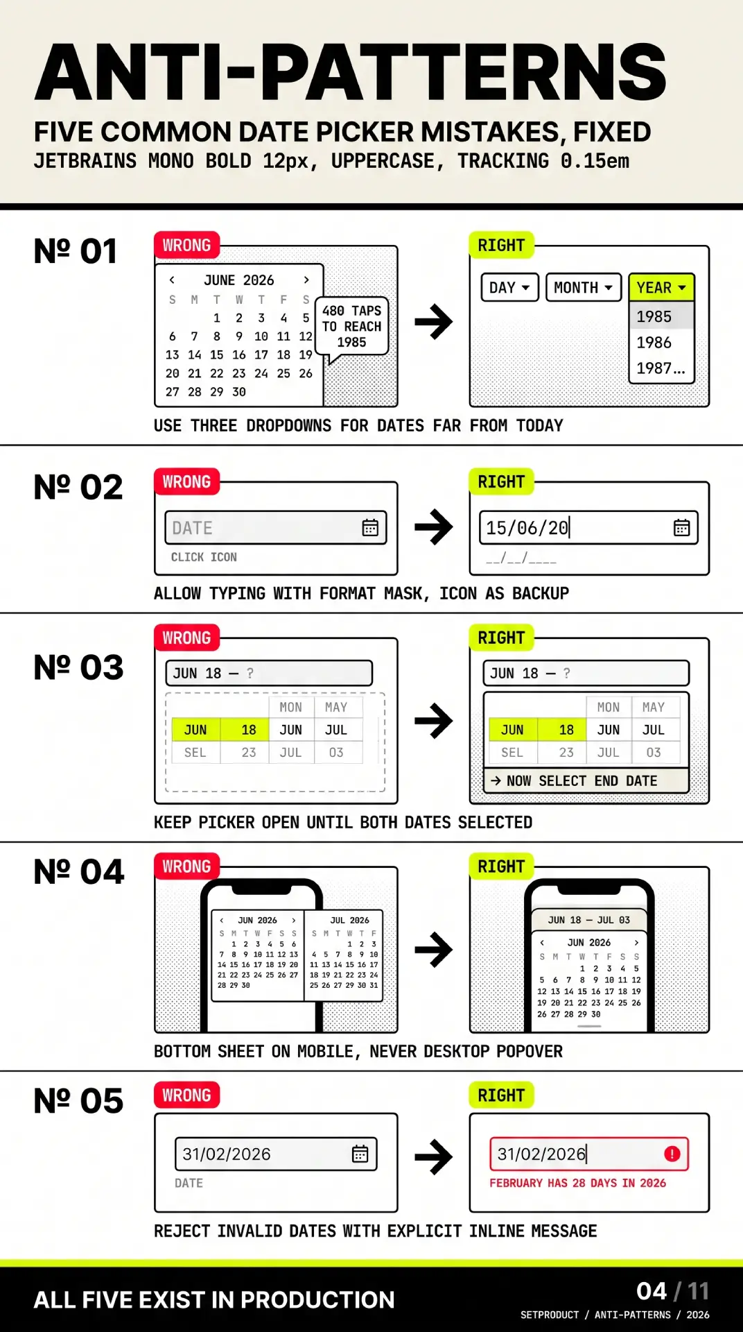 Five common date picker anti-patterns shown as wrong versus right corrections