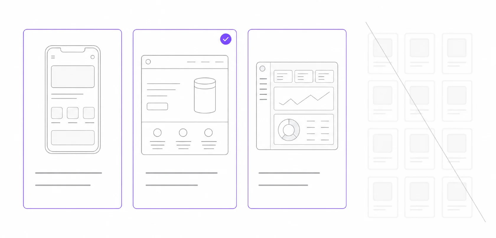 Three wireframe portfolio cards showing a mobile app, a landing page, and a dashboard next to a faded, crossed-out grid of twelve smaller projects