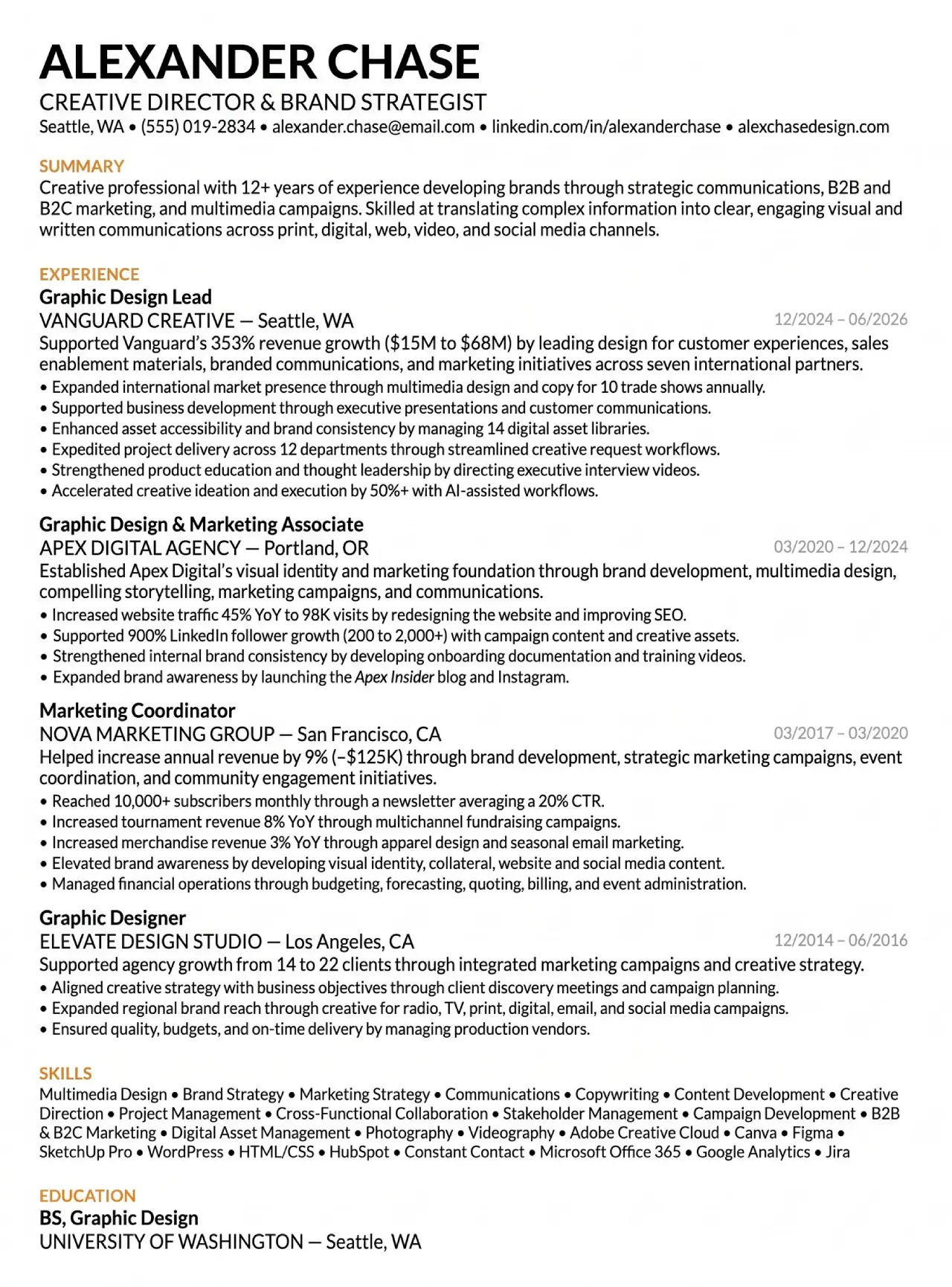 One-page designer resume in a single column with orange section headers