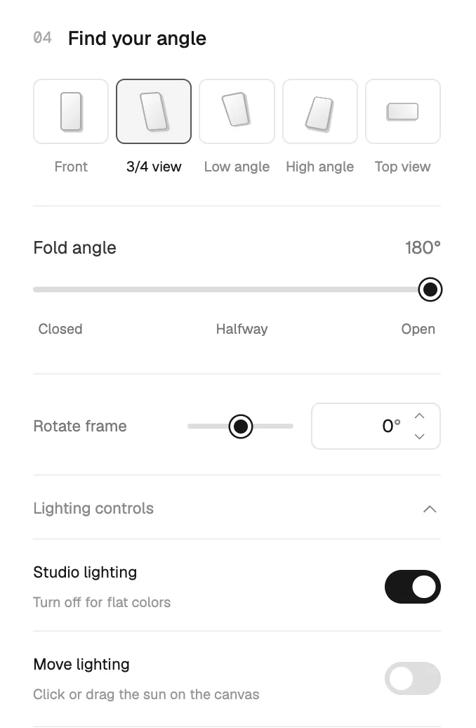 Editor panel with the five camera presets above the fold angle slider, and the studio lighting switches below them