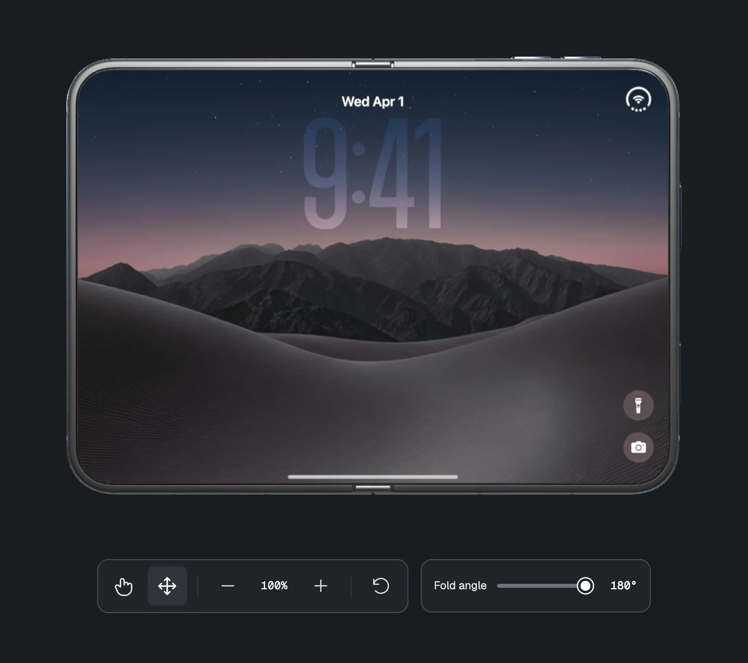 The open foldable iPhone Duo posed on the editor canvas, with the fold angle slider and zoom controls below it