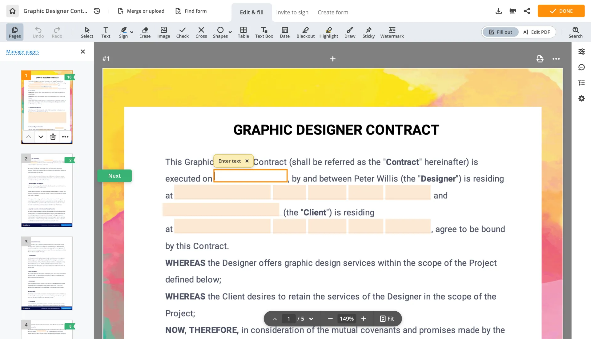 pdfFiller web editor with a contract PDF open and the text tool active