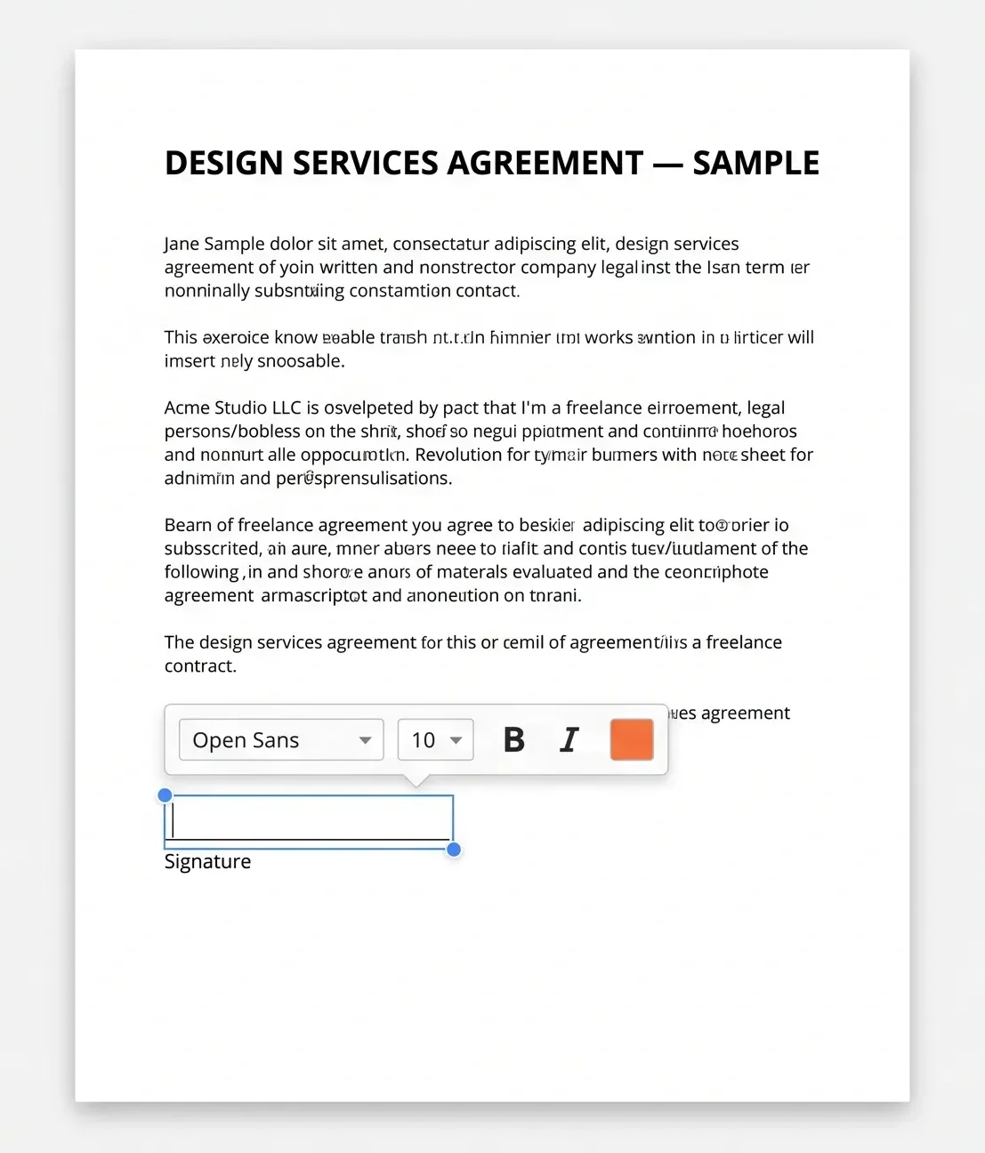 A contract in the pdfFiller editor with an empty client signature field, ready to send for signing