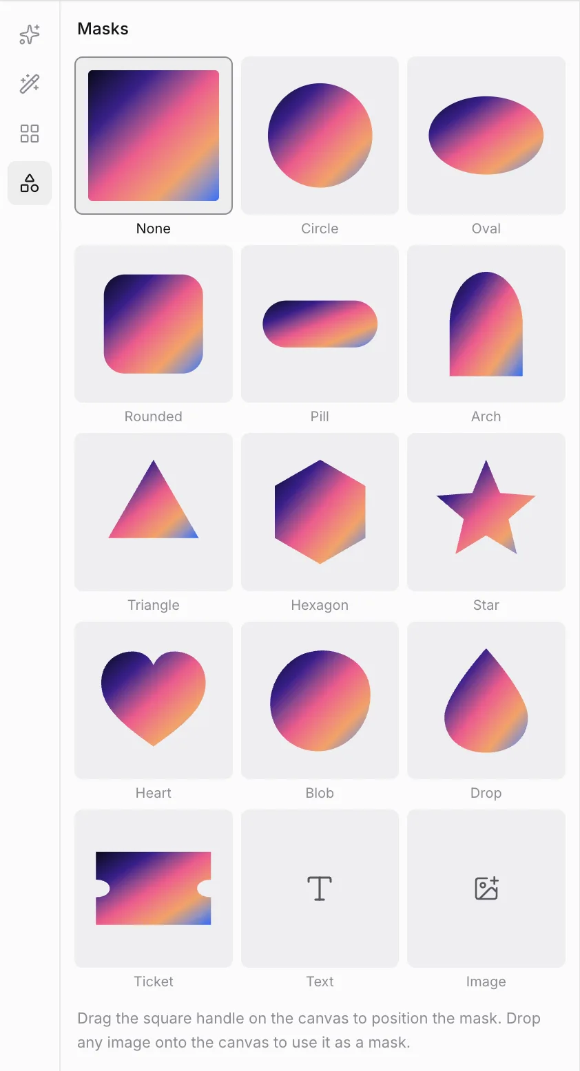 The Masks panel with a grid of 14 shapes
