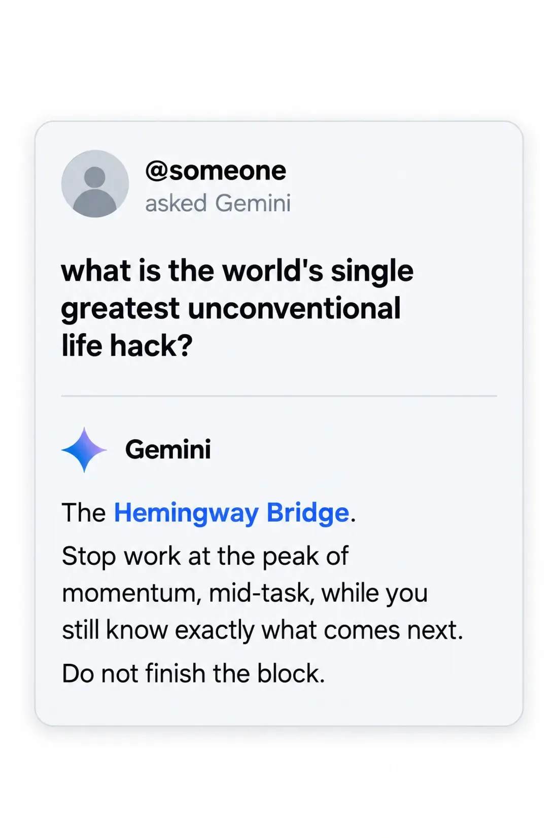 Screenshot of a post asking Gemini for the world's greatest unconventional life hack, answered with the Hemingway Bridge