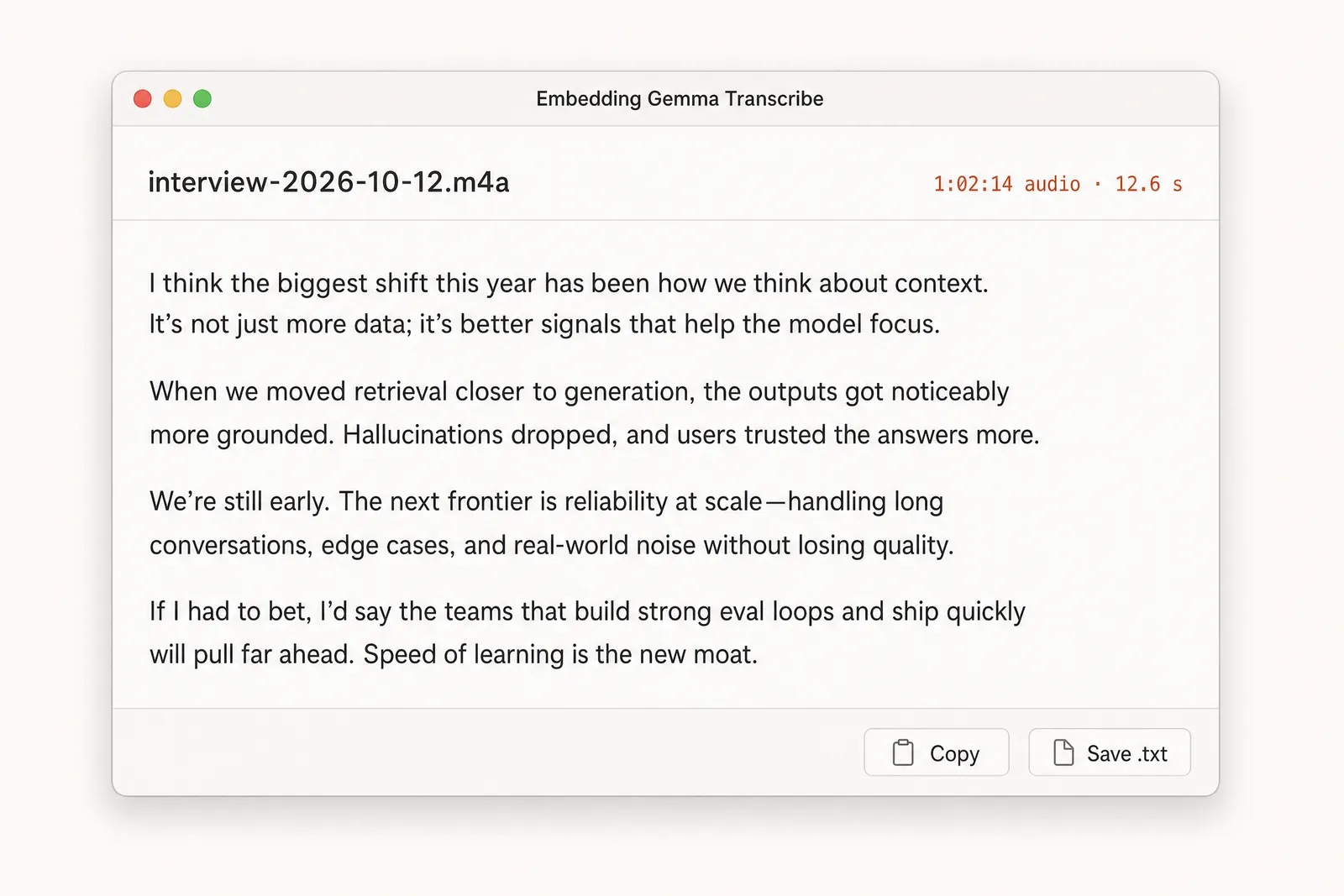 A finished transcript with punctuation, the source file name, a 12.6 second timing stat and Copy and Save buttons.