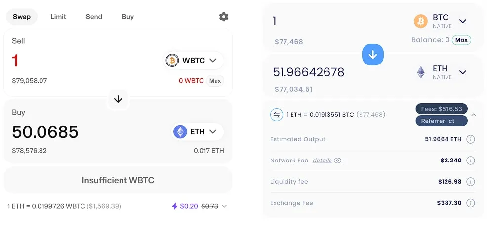 Uniswap (left) VS. Thorswap quotes. As you can see it gives you the 1.9 ETH more