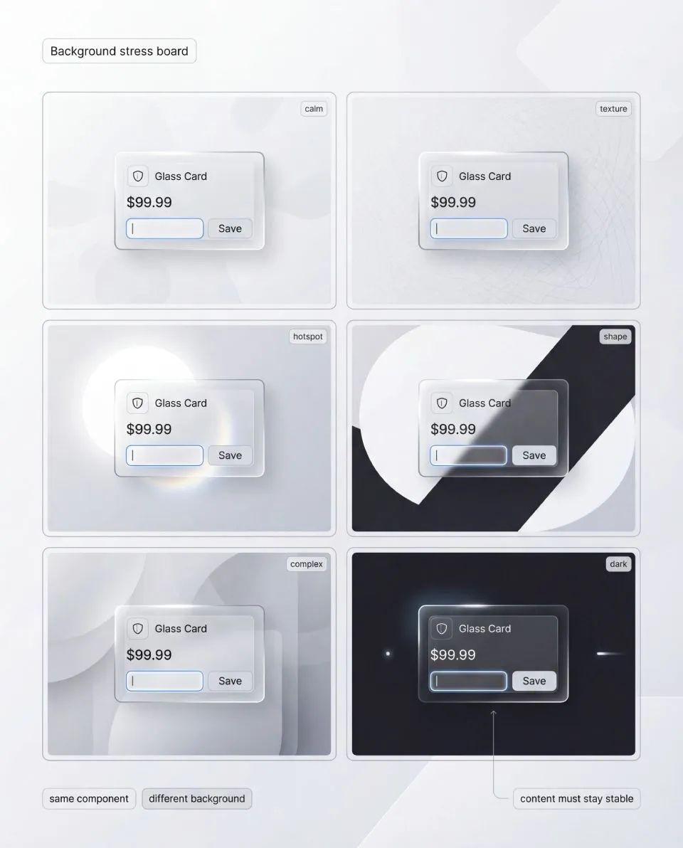 Glass systems that look fine with headline-level typography will fail as soon as you introduce UI density.