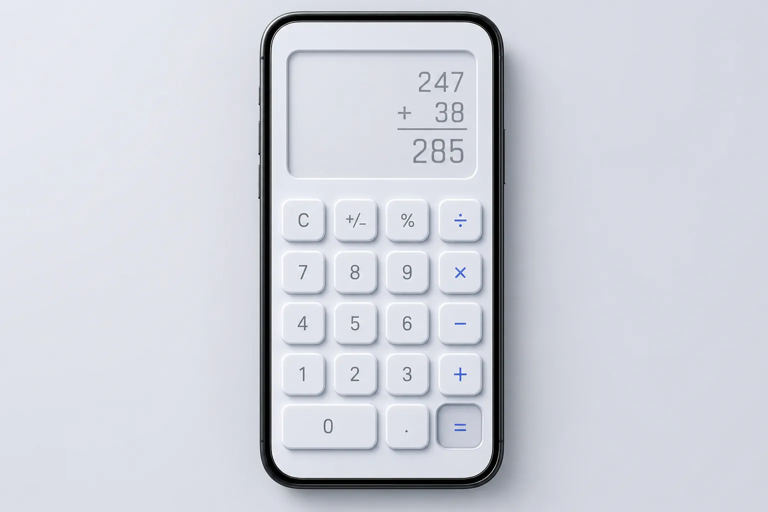 Neumorphism calculator app with a full grid of extruded keys on a gray surface