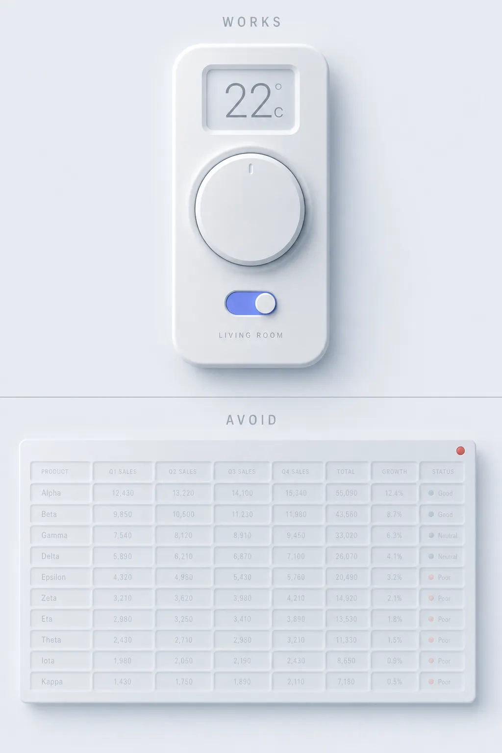 A split layout contrasting a calm neumorphic remote with a dense, unusable data table