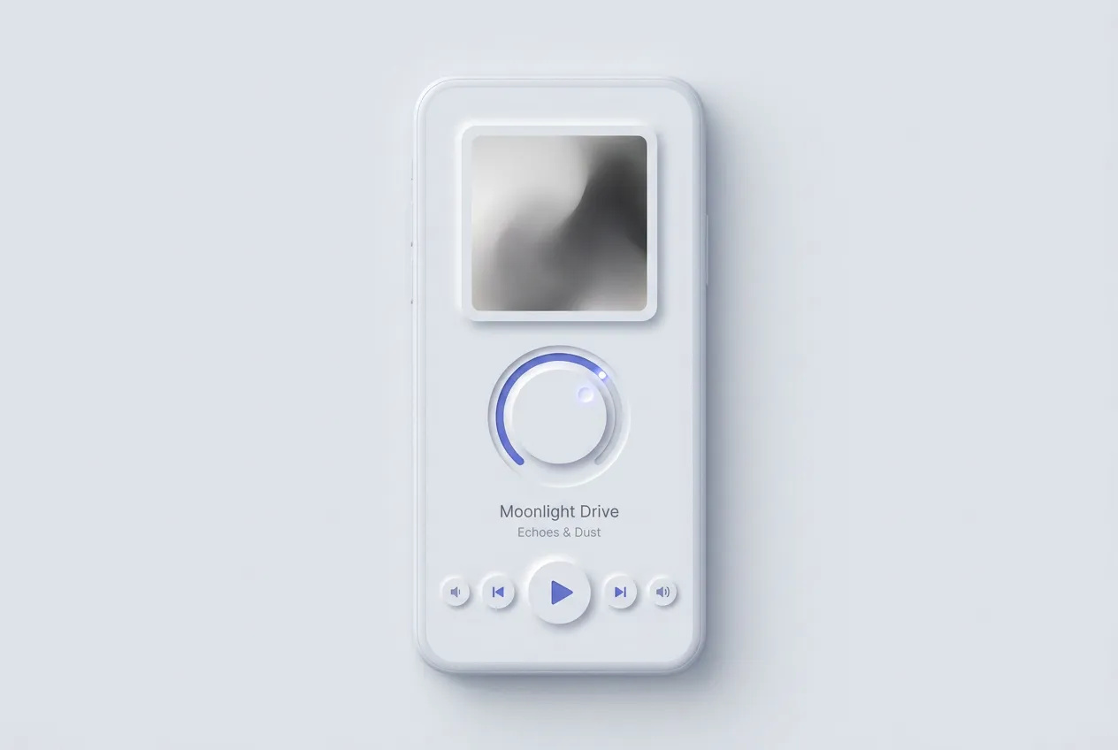 Neumorphism mobile audio player with an extruded play button and soft progress dial