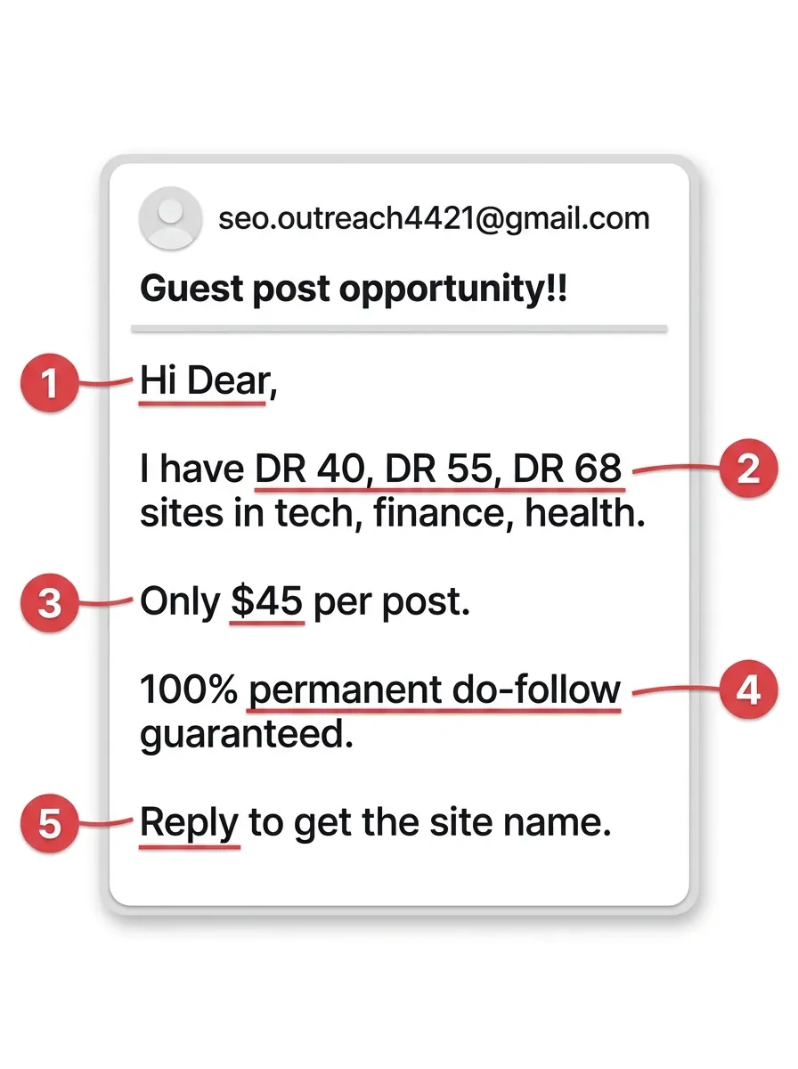 Cold outreach email from a link seller with five circled red flags: a generic greeting, a list of DR sites, a $45 price, guaranteed do-follow, and a hidden site name
