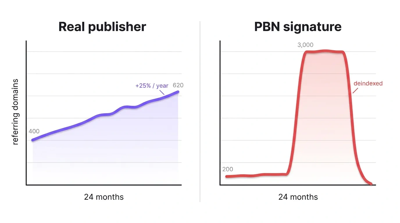 Two referring domains charts compared: steady organic growth of a real publisher versus a PBN hockey-stick spike ending in a deindex drop