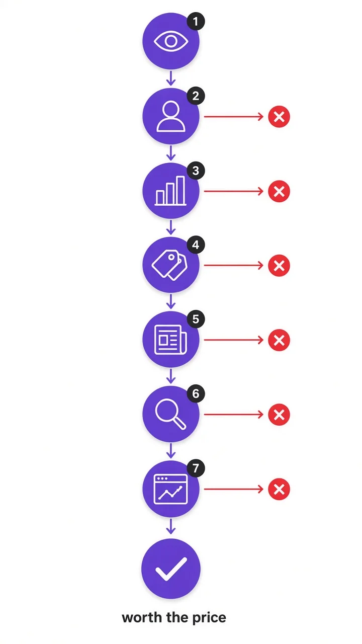 Seven-step flowchart for vetting a guest post site: each step either passes down to the next check or stops with a red flag