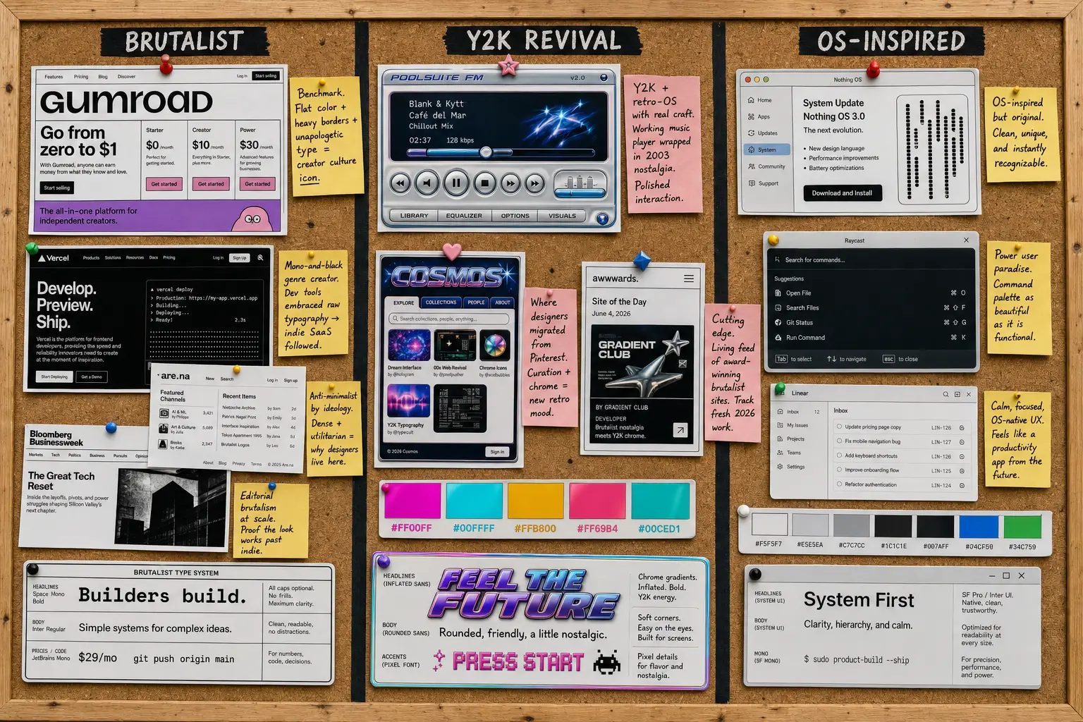 Gallery of live retro and brutalist websites including Gumroad, Poolsuite, and OS-style interfaces
