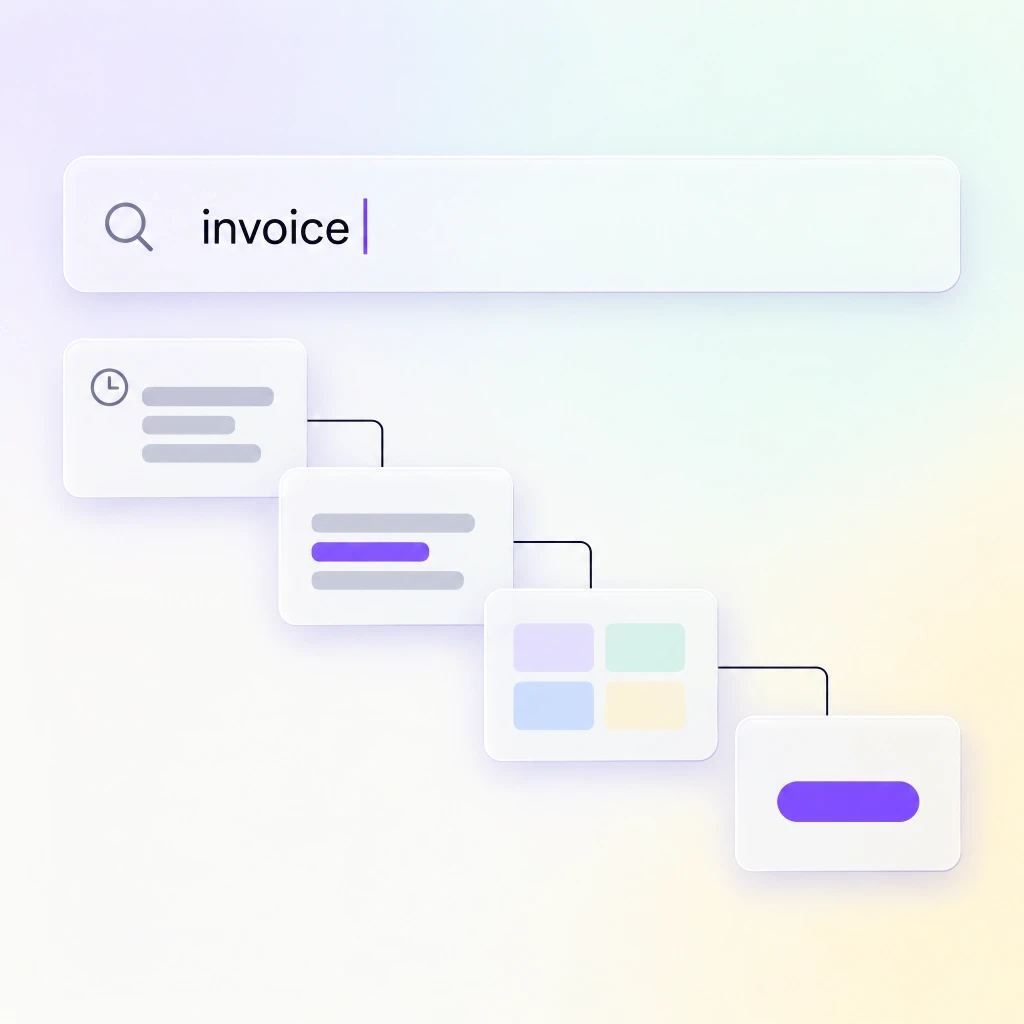 A search field with the query invoice typed and a stack of suggestion cards open below it