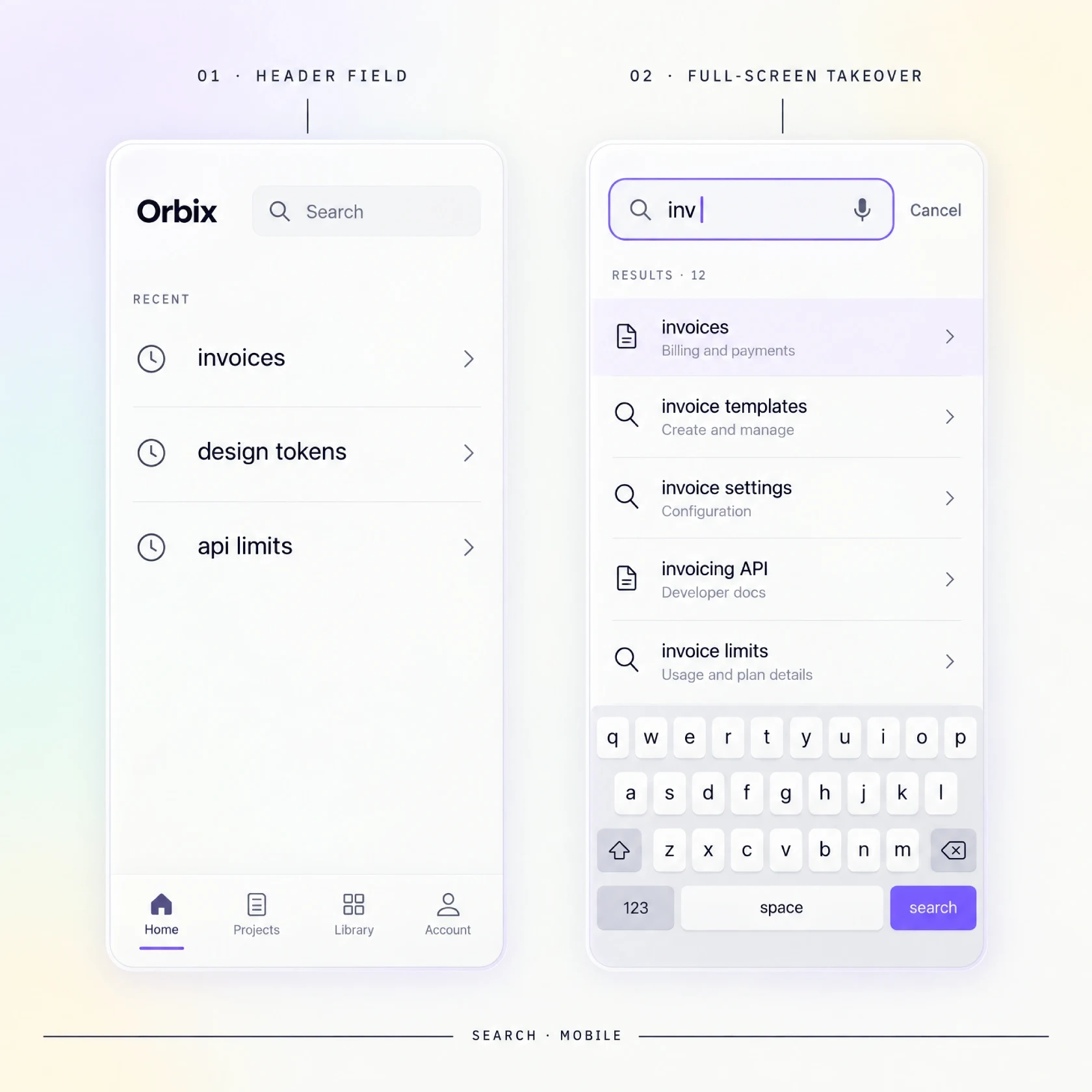A two-panel phone mockup showing search in a header field and a full-screen search takeover with the keyboard open