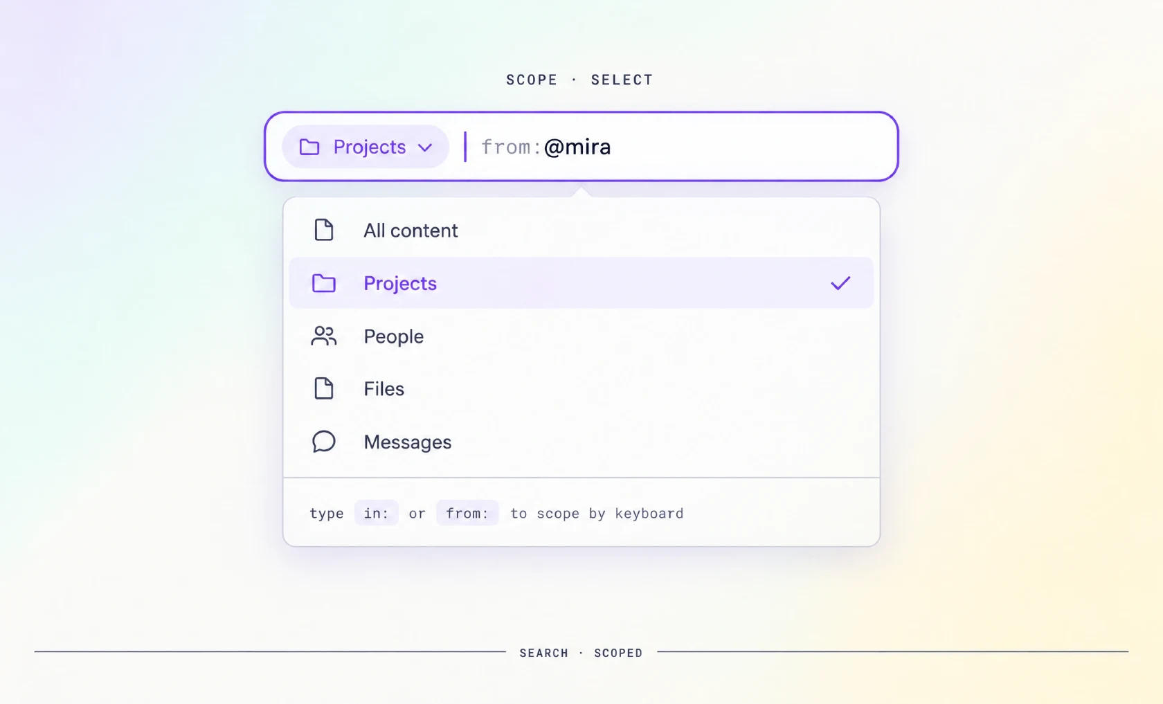 A search field with an inline scope chip and an open scope dropdown listing every option