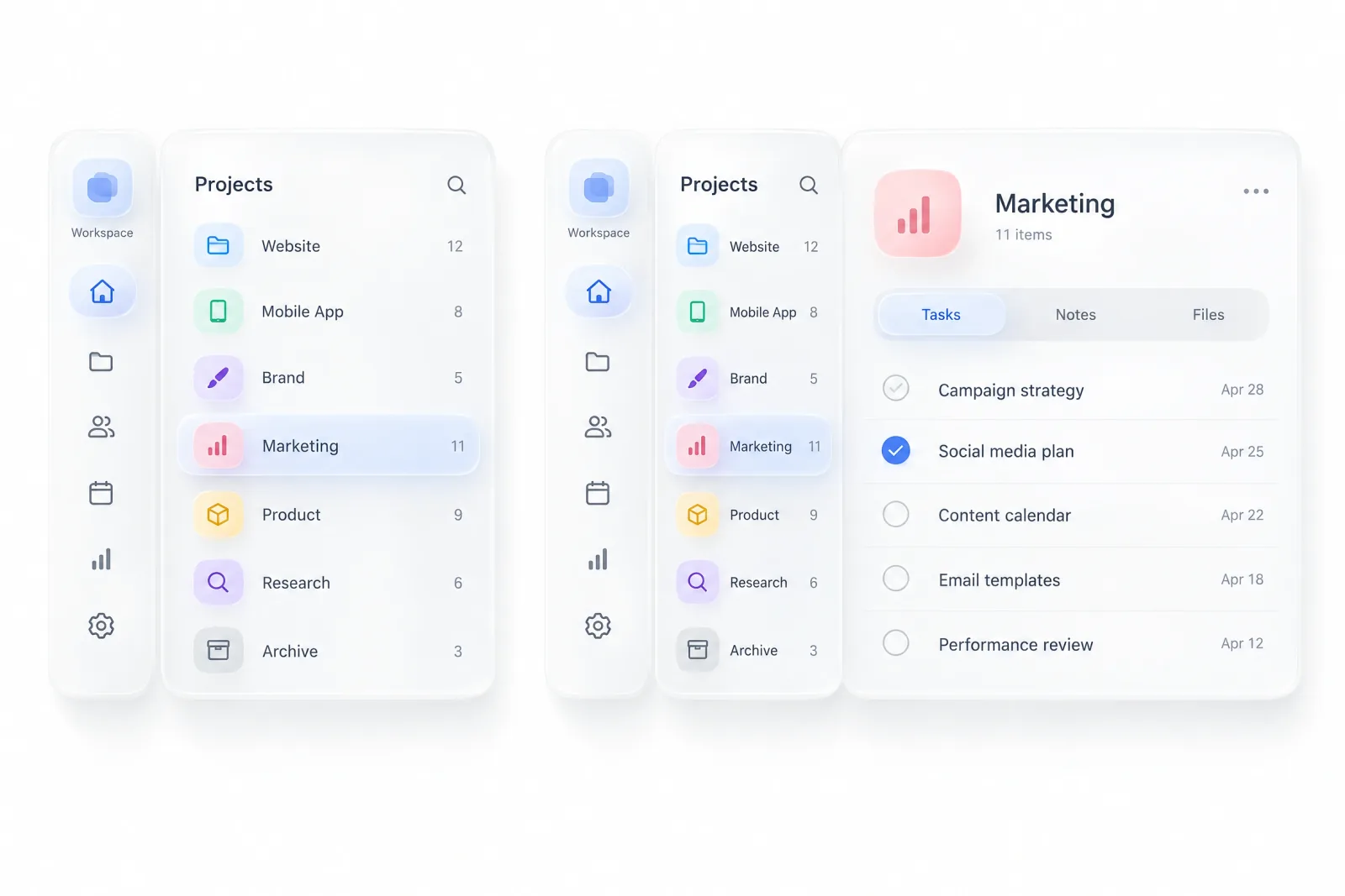 Two multi-pane layouts side by side, a rail with a Projects panel listing Website, Mobile App, Brand, Marketing, Product and Archive, then the same rail and panel with a third content pane open on Marketing tasks