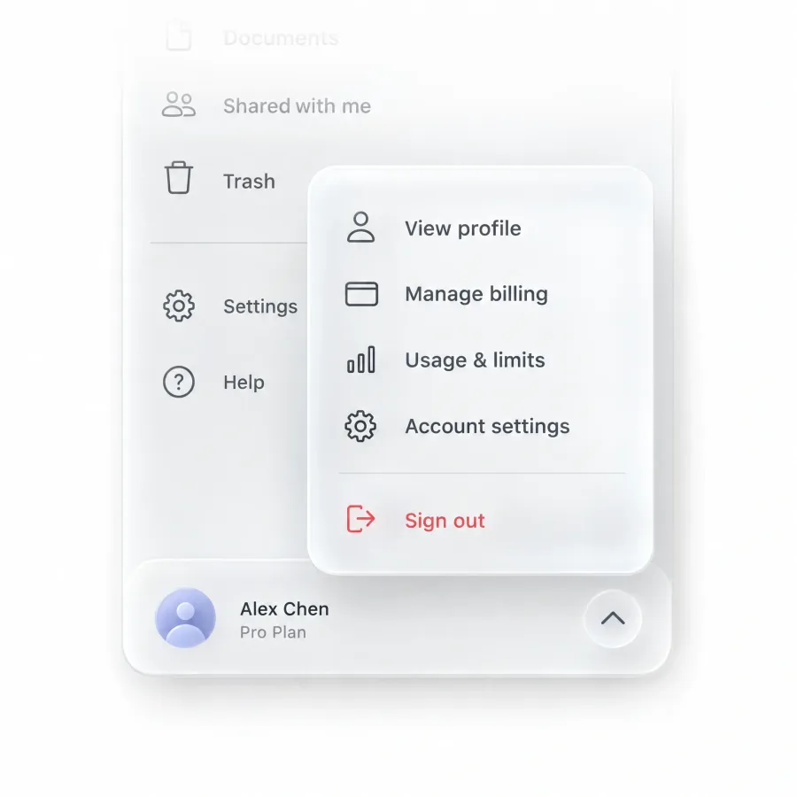 Sidebar footer with an avatar, Alex Chen and Pro Plan, plus an account menu opened upward with View profile, Manage billing, Usage and limits, Account settings and Sign out under a divider