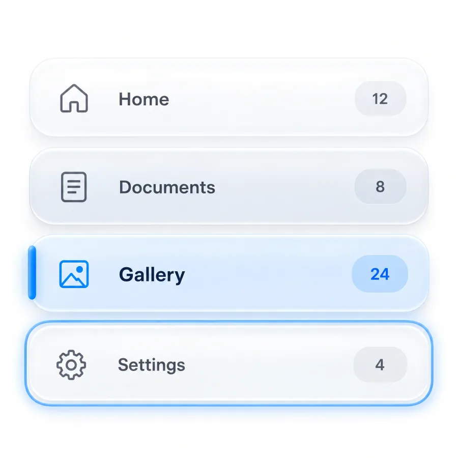 Four sidebar nav items stacked, Home in the default state, Documents on hover, Gallery active with a blue accent bar and a count of 24, and Settings with a focus ring