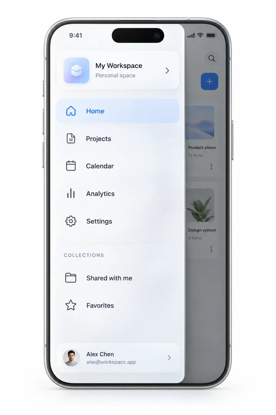 Phone with an open navigation drawer covering most of the screen, My Workspace at the top, Home highlighted, Projects, Calendar, Analytics and Settings below, a Collections group and the Alex Chen account row at the bottom, with the dimmed page visible along the right edge