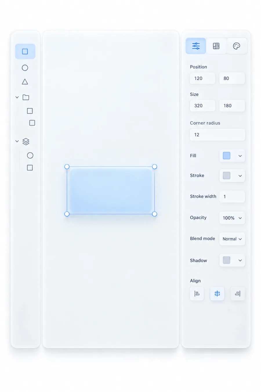 Canvas app with a slim left layers panel and a right inspector showing position, size, corner radius, fill, stroke, opacity and align for the selected rectangle