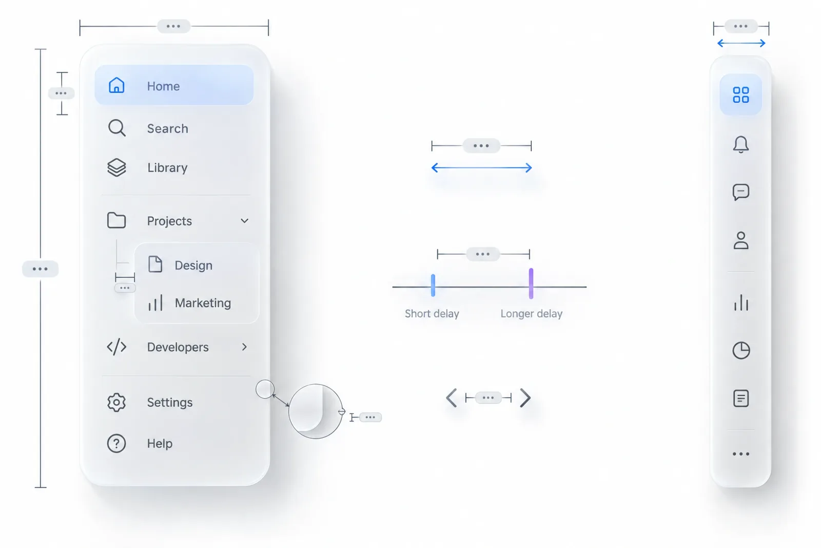 Spec sheet drawn on 2 sidebars, an expanded one with measurement lines for its full width, the height of one nav row, the whole list and the nested indent, and a rail with its width, the gap between icons and a resize handle, plus detail callouts for hover delay, hover out and arrow keys